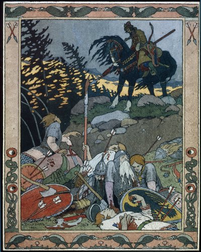 Illustration till sagan Maria des mers (Illustration till sagan Marya Morevna). Prins Ivan upptäcker armén besegrad av Maria Morevna, krigardrottningen. Verk av Ivan Yakovlevich Bilibin (Bilibin) (1876-1942), akvarell och bläck på papper av Ivan Yakovlevich Bilibin