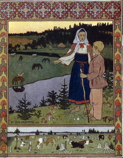 Illustration för den traditionella berättelsen Alyonouchka och Ivanouchka. Verk av Ivan Yakovlevich Bilibin (Bilibin) (1876-1942), litografi av Ivan Yakovlevich Bilibin