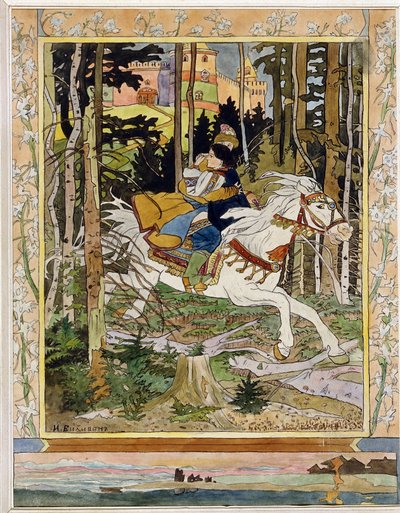 Prins Ivan. (Ivan Tsarevich). Hjältar från ryska folklorelegender, rider på en vit häst i skogen, flyr ett slott och kramar Vassilisa La Tres Belle i hennes famn. Illustration av Ivan Yakovlevich Bilibin (Bilibin) (1876-1942), akvarell av Ivan Yakovlevich Bilibin