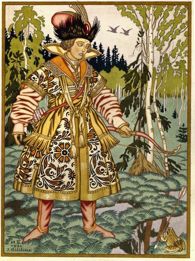 Prins Ivan och grodprinsessan. (Ivan Tsarevich och grodprinsessan). Rysk traditionell berättelse. Verk av Ivan Yakovlevich Bilibin (Bilibin) (1876-1942), akvarell och gouache på papper av Ivan Yakovlevich Bilibin