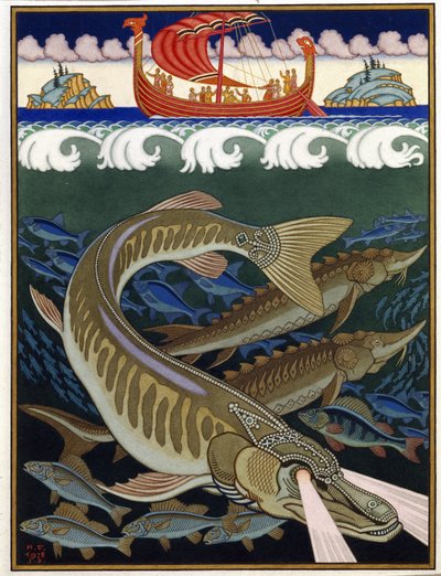 Havets imperium (Sea Empire). Rysk traditionell berättelse. Verk av Ivan Yakovlevich Bilibin (Bilibin) (1876-1942), akvarell och gouache på papper av Ivan Yakovlevich Bilibin