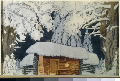 Trähus i den snöiga skogen. Deco för pjäsen ""Commander Suvorov"". Verk av Ivan Yakovlevich Bilibin (Bilibin) (1876-1942), akvarell och gouache på papper av Ivan Yakovlevich Bilibin