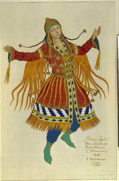 En polovtsisk (eller Couman, Kuman) shamandansare. Kostym för operan ""Prince Igor"" av Alexandre Borodin (Borodin) (1833-1887). Verk av Ivan Yakovlevich Bilibin (Bilibin) (1876-1942), akvarell på papper av Ivan Yakovlevich Bilibin
