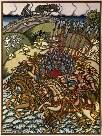 Volga Sviatoslavich (Vseslav de Polotsk (vers 1039-1101), storprins de Kiev de 1068 a 1069) och Mikula Selyaninovich (?). Oeuvre av Ivan Yakovlevich Bilibin (Bilibin) (1876-1942), litografi av Ivan Yakovlevich Bilibin