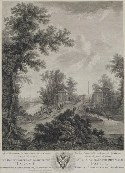 Utsikt över Connetable Square från stenbron i Gatchina, 1800 av Ivan Dmitryevich Telegin