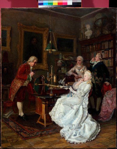 Kejsarinna Katarina II av Ryssland (1729-1796) på besök hos Mikhail Lomonosov (1711-1765) (kejsarinna Katarina på besök hos M.Lomonosov) Målning av Ivan Fiodorov (Feodorov) (1853-1894) av Ivan Feodorov