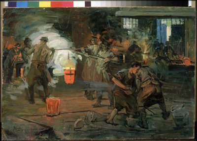 ""Arbetare i en gjuteriverkstad"" Målning av Ivan Georgievich Drozdov (1880-1939) 1923 Statens ryska museum Sankt Petersburg av Ivan Georgievich Drozdov