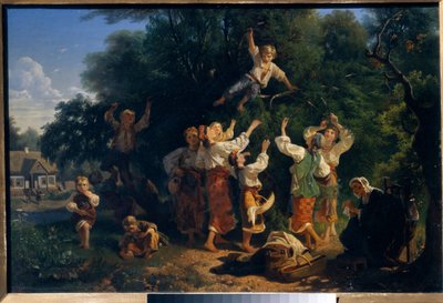 Plocka körsbär i en ägares fruktträdgård i Ukraina. Målning av Ivan Ivanovich Sokolov (1823-1918), olja på duk av Ivan Ivanovich Sokolov
