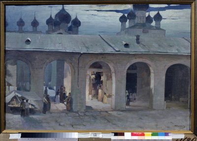 "Gallery Marchande au Kremlin de Rostov" Målning dYvan Kalmykov (1866-1925) Artikel Friluftsmuseet Rostov Kreml, Rostov av Ivan Kalmykov