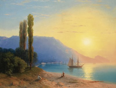 ""Solnedgång över Jalta på Krim"" (Solnedgång över Jalta) Målning av Ivan Constantinovich Aivazowski (Aivazovsky 1817-1900) 1861 - Olja på duk Dim 67x89 cm Privat samling av Ivan Konstantinovich Aivazovsky