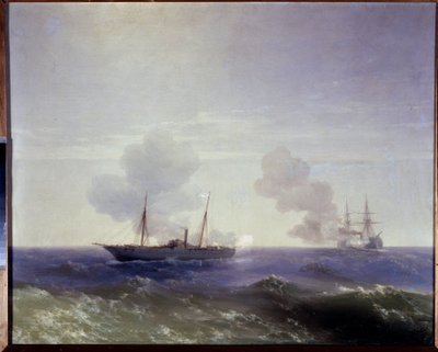 Rysk-turkiska (ryska-turkiska) kriget 1877-1878: Sjöstriden mellan den ryska kryssaren Vesta och den järnklädda Fethi Bulend i Svarta havet, 11 juli 1877 (Sjöstriden mellan den ryska kryssaren Vesta och den järnklädda Fethi Bulend gjorde av Ivan Konstantinovich Aivazovsky