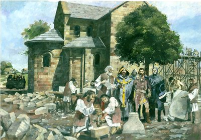 Invigning av klosterkyrkan av ärkebiskopen av Canterbury i närvaro av William Rufus, Battle Abbey (akvarell på papper) av Ivan Lapper