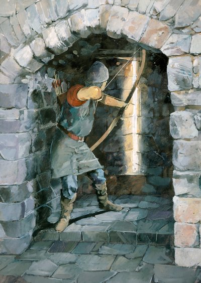 Medeltida bågskytt som skjuter genom en pilskåra vid Beeston Castle, Cheshire av Ivan Lapper