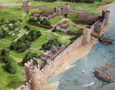 Rekonstruerad vy av det sydöstra hörnet av det romerska London och den framtida platsen för Tower of London som det kan ha sett ut omkring 400 e.Kr. av Ivan Lapper