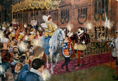 Robert Dudley välkomnar drottning Elizabeth I till Kenilworth Castle, Warwickshire, juli 1575 c2000-talet av Ivan Lapper