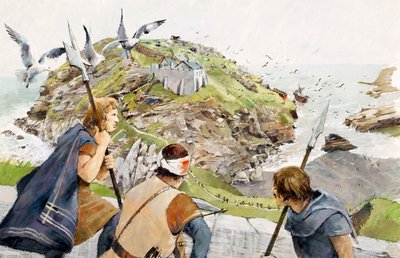 Tintagel Castle år 1230 (akvarell på papper) av Ivan Lapper