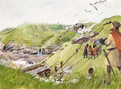 Tintagel Castle på medeltiden (akvarell på papper) av Ivan Lapper
