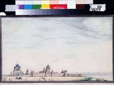 Utsikt över Rostov, Kreml. (Utsikt över Rostov Kreml). Målning av Ivan Mikhaylovich Belogonov (1800-1871). Akvarell och tusch på papper av Ivan Mikhaylovich Belogonov