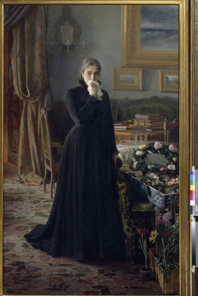 Tröstlös sorg (en kvinna, i sorg, stående nära kistan täckt med kransar av blommor) (Otröstlig sorg) - Målning av Ivan Nikolayevich Kramskoi (1837-1887), olja på duk (228x141 cm) av Ivan Nikolaevich Kramskoy