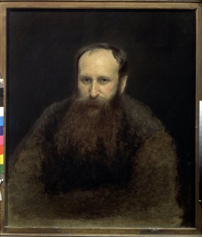 Porträtt av konstnären Vasily Vereshchagin (1842-1904) (Porträtt av konstnären V.Vershchagin). målning av Ivan Nikolayevich Kramskoi (1837-1887), olja på duk av Ivan Nikolaevich Kramskoy