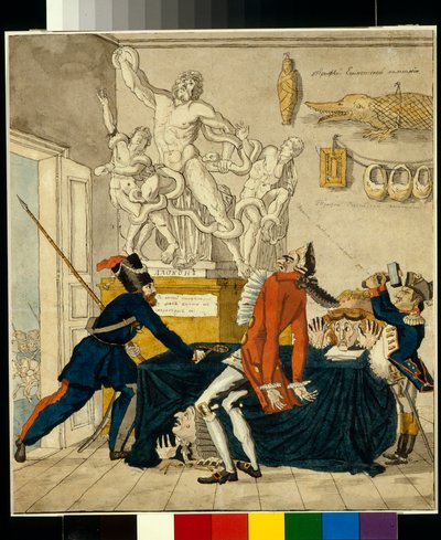 Napoleon Bonaparte (1769-1821) säljer stöldgods, bland dem Laocoön-gruppen - karikatyr av Ivan Ivanovich Terebenev (1780-1815), tusch och akvarell på papper av Ivan Nikolayevich Terebenev