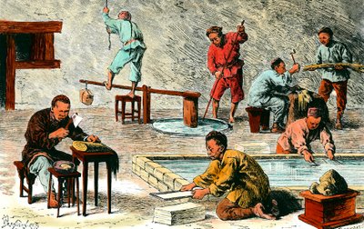 Papperstillverkning i Kina: olika stadier av tillverkning av pappersark från barken. Teckning av Ivan Pranishnikoff (1841-1909). 1800-talets privatsamling av Ivan Pranishnikoff