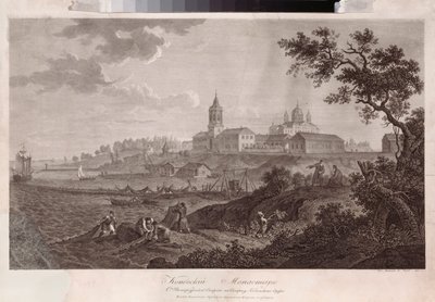 Le monastere Konevsky de la Nativite de la Vierge a Konevets (Konevsky-klostret för jungfruns födelse i Konevets) - Oeuvre de Ivan Vasilievich Chessky (Cheskoy) (1782-1848), gravyr av Ivan Vasilievich Chessky