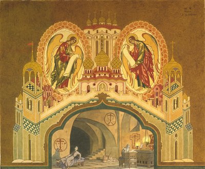 Chudov kloster. Scenografi för operan Boris Godunov av M. Musorgsky, 1930 av Ivan Yakovlevich Bilibin