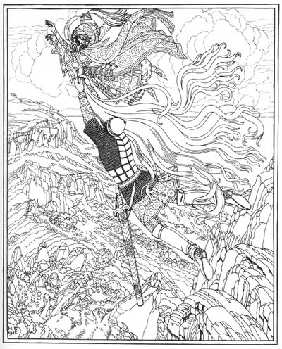 Flight of Chernomor och Ruslan. Illustration till dikten Ruslan och Lyudmila av A. Pushkin, 1918 av Ivan Yakovlevich Bilibin
