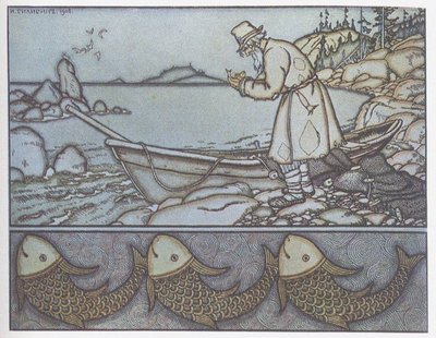 Illustration till Sagan om fiskaren och fisken av Ivan Yakovlevich Bilibin