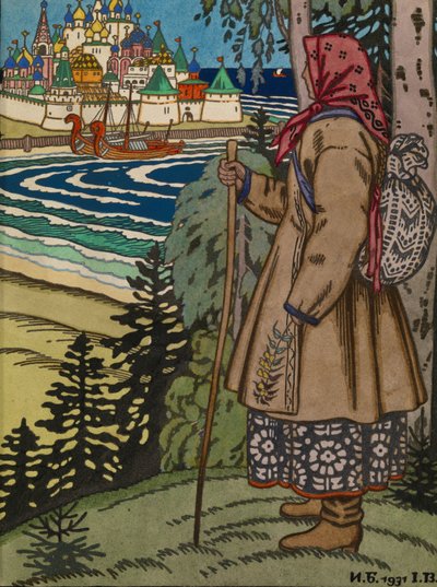 Bondflicka. Illustration till boken Contes de lIsba, 1931 av Ivan Yakovlevich Bilibin