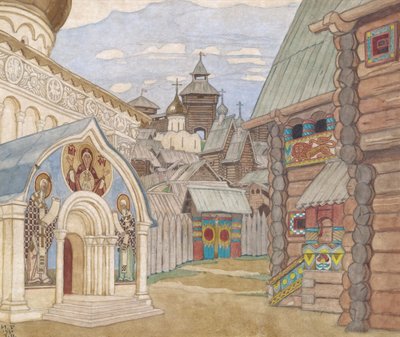Ryska byn. Scenografi för operan Sagan om Tsar Saltan av N. Rimsky-Korsakov av Ivan Yakovlevich Bilibin