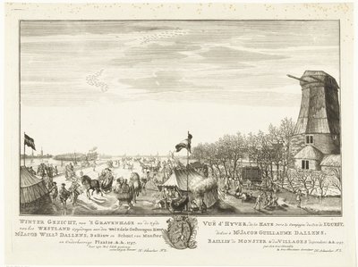 Isunderhållning på ett översvämmat stycke land i Haag Vintervy, från Haag efter Westland-sidan / Vuë d