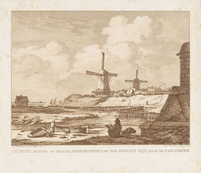 Utsikt utanför Haarlemmerpoort i Amsterdam med en sittande tecknare Utsikt utanför Haarlemmer-Poort, på Hoogen Dijk, mot Zandhoek (titel på objekt) av Izaak Jansz. de Wit