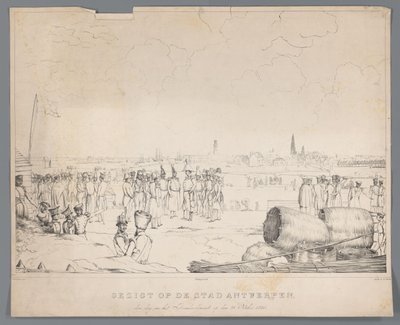 Utsikt över staden Antwerpen dagen efter bombardementet, den 28 oktober 1830 (titel på objekt) av Izaak Schouman