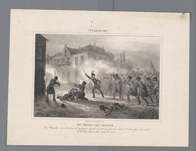 Prince of Orange ledde trupperna vid Ravels, 1831 Prinsen av Orange, efter att ha rest sig från hästen vid Ravels, leder personligen 2:a bataljonen av 18:e divisionen mot fienden / (3 augusti 1831) (titel på objekt) Sju register över strider o av J.B. Clermans