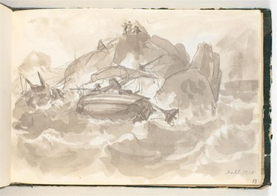Skeppsbrott på en stenig kust. Vissa män står på en sten och tittar på av Johan Christian Dahl