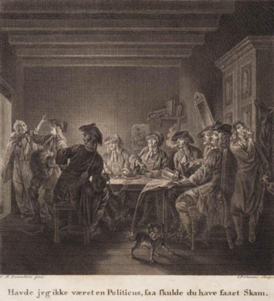 Den politiska kannan. "Hade jag inte varit politiker skulle du ha skämts." Gravyr efter Lorentzens Holberg Galleri. av J.F. Clemens