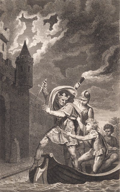 Illustration. En kung med upphöjd dolk och tre personer i en båt av J.F. Clemens