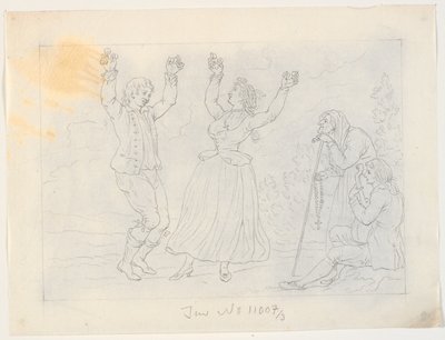 Man och kvinna som dansar fandango. En ung man spelar gitarr och en gammal kvinna tittar på av J.F. Clemens