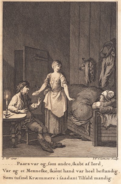 Kocken Marthe kommer in i vardagsrummet hos Peder Paars och Per Ruus av J.F. Clemens