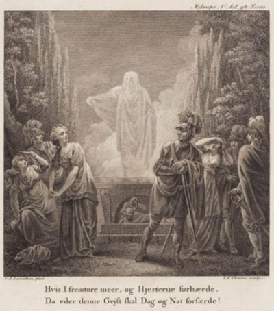 Melampe. Om ni går framåt mer och förhärdar era hjärtan, när kommer denna ande att skrämma er dag och natt? Gravyr efter Llorentzens Holberg Galleri. av J.F. Clemens