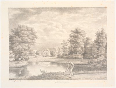 Sanderumgaards trädgård med hus. I förgrunden en man med lie av J.F. Clemens