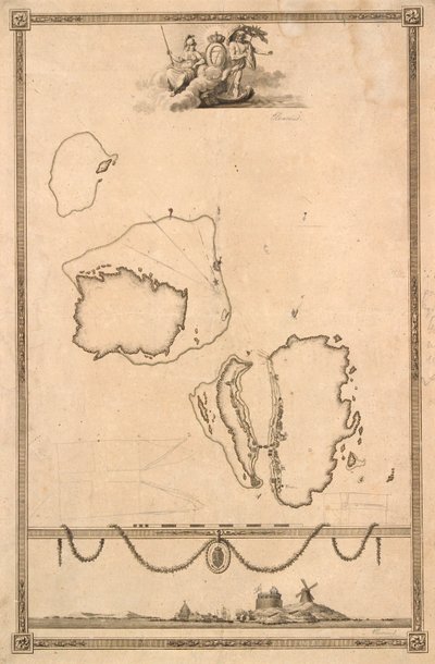 Titelvinjett och prospekt för karta över Christiansø av J.F. Clemens
