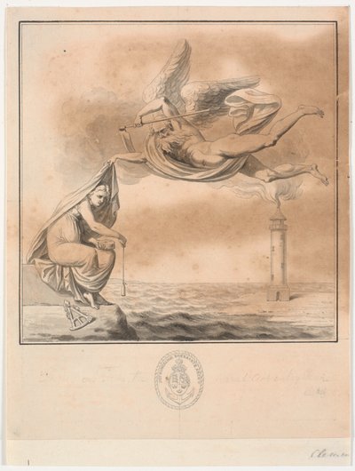 Utkast till titelkopparplåt till P. Løvenørns Guidance for the Sailing in the Kattegatte av J.F. Clemens