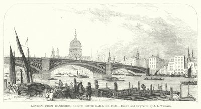 London, från Bankside, nedanför Southwark Bridge (gravyr) av J.L. (after) Williams