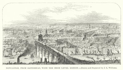 Newcastle, från Gateshead, med High Level Bridge (gravyr) av J.L. (after) Williams