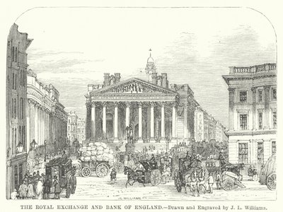 Royal Exchange och Bank of England (gravyr) av J.L. (after) Williams