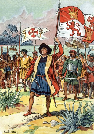 1492: Christopher Columbus anländer till Amerika med spansk flagga av J.L Beuzon (fl.1880 1940)
