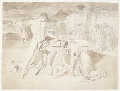Andromache och sonen Astyanax med Pyrrhus vid Hectors sarkofag av J.L. Lund